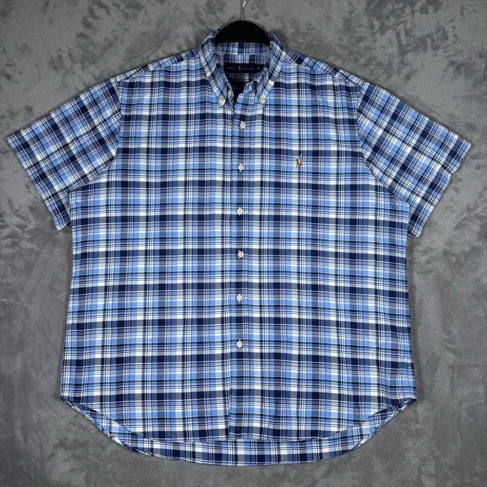 Polo Ralph Lauren Men XL Blue Plaid Multicolor Pony Short Sleeve Button Down